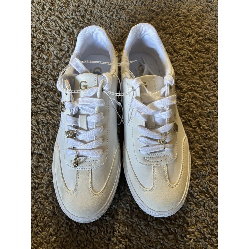 G by GUESS Women’s White Sneakers – Gold Accents & Charms – Low Top – New 9.5
